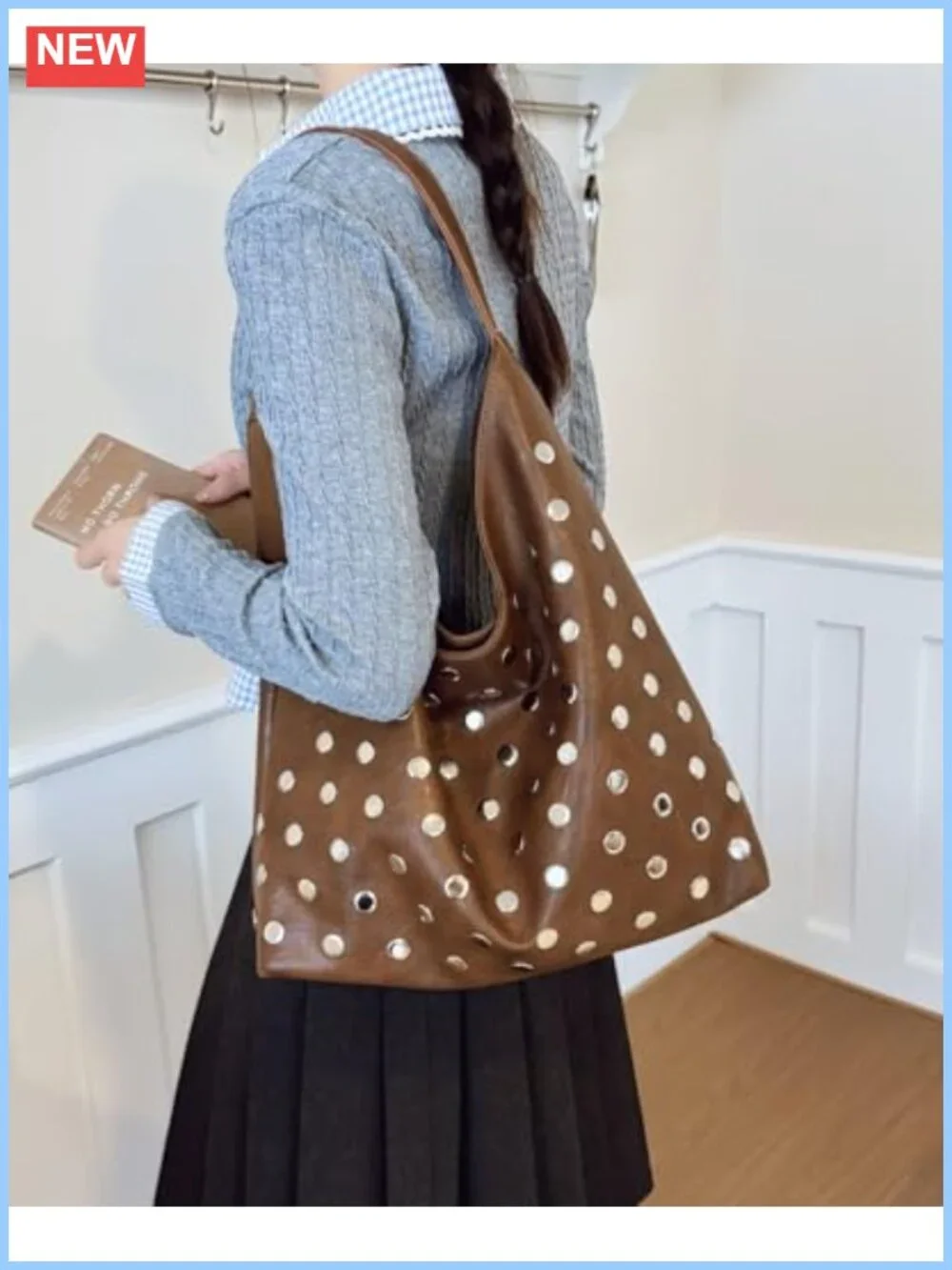 Vegan Leather Studded Hobo Bag Soft Slouchy Shoulder Purse
